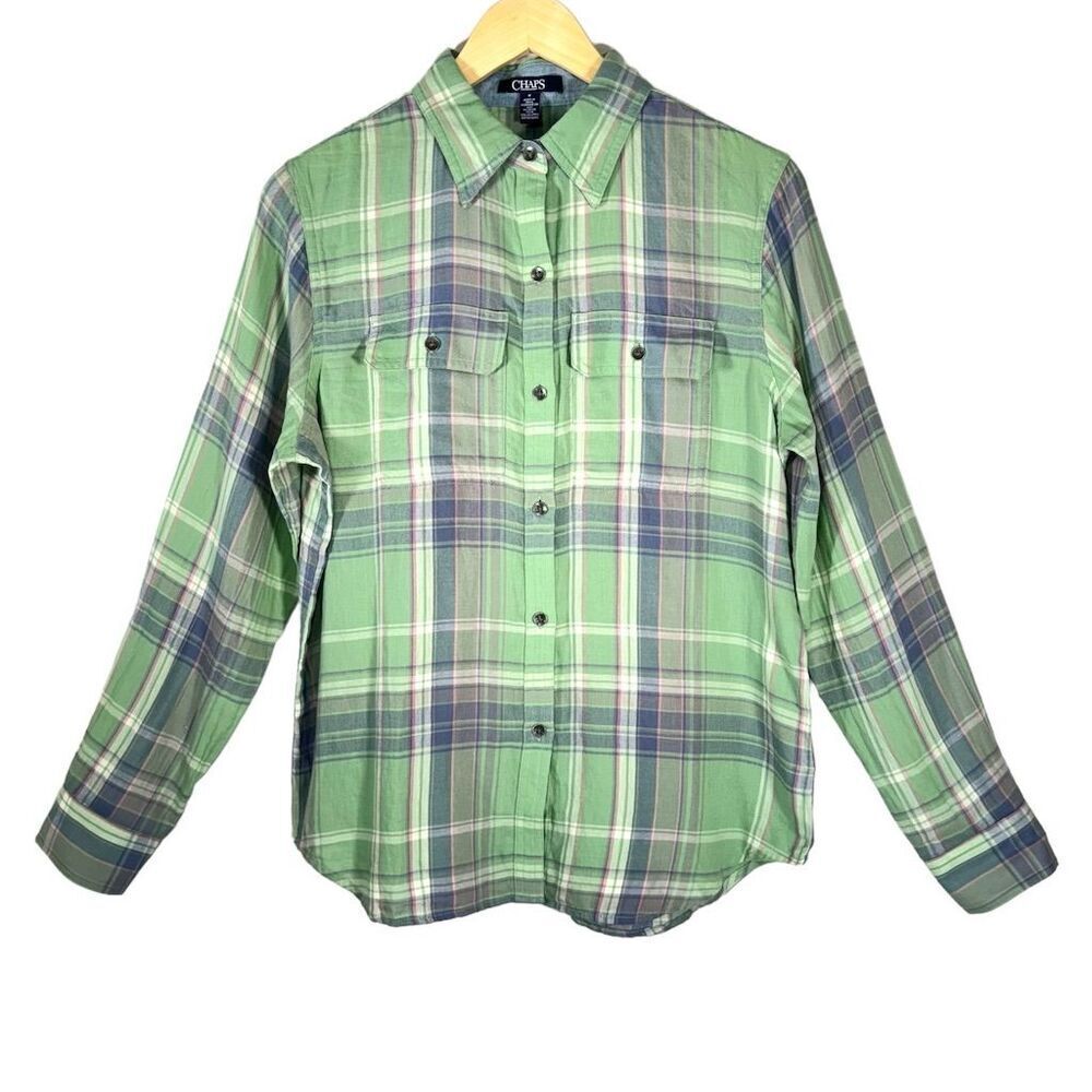 Chaps Green Plaid Long Sleeve Button-Up Shirt Women’s Size M